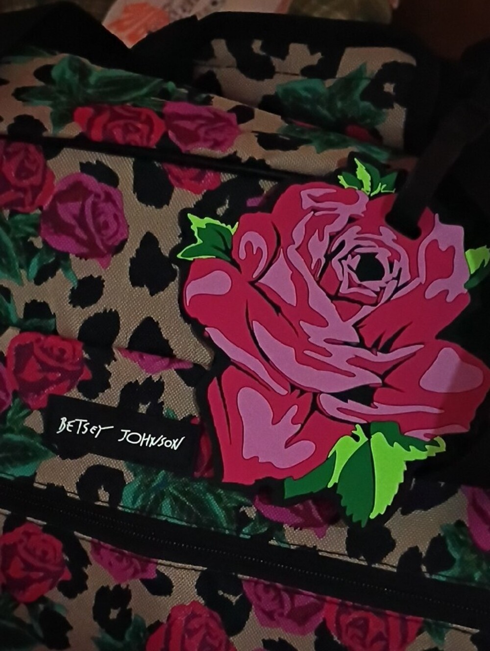 Betsey Johnson Leopard Rose Print Travel Bag in Pink, Green, Black - Picture 2 of 10